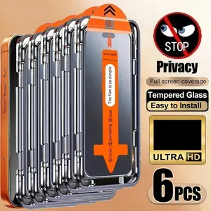 6 pcs Oleophobic Coating Dust Free Easy Installation Privacy Protective Screen Protector Accessories For iPhone 17 Pro Max/Air/16/17e/16e/15/14/13/12/11/Pro Max/Plus/X/XS/XS MAX/XR Series, 9H Hardness, Anti-Spy Tempered Glass, Fast & Easy Installation