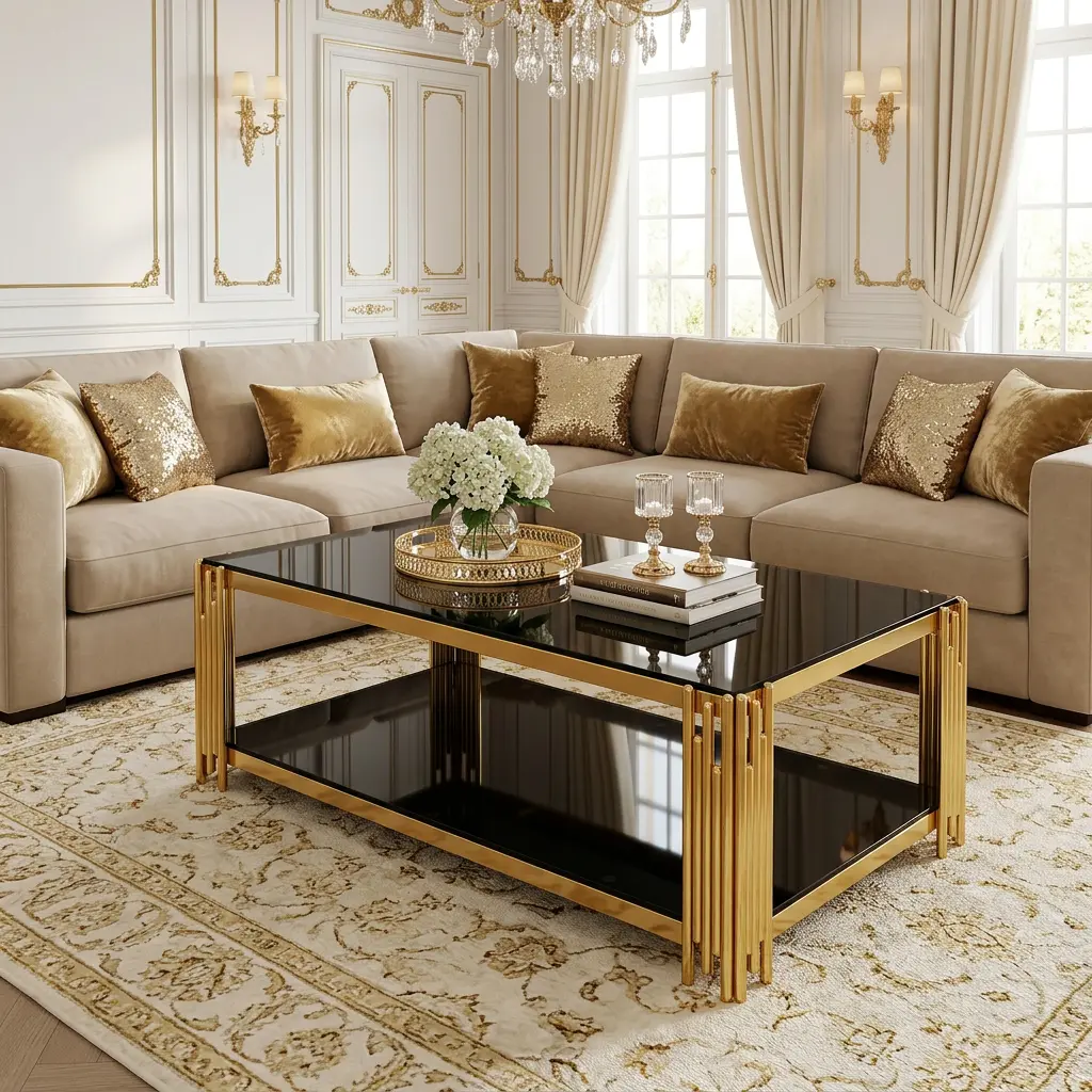 47.5-Inch Modern Rectangle Black Mirror Coffee Table, Luxury Asymmetrical Gold Metal Frame, 2-Tier Storage Cocktail Table with Lower Shelf, Sleek Glam Accent Centerpiece for Living Room, Office
