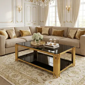 47.5 Inch Modern Rectangle Black Mirror Coffee Table, Luxury Asymmetrical Gold Metal Frame, 2-Tier Storage Cocktail Furnishing with Lower Shelf, Sleek Glam Accent Center Decor, Sturdy Reflective Furniture for Living Room, Office, Large Bedroom & Modern