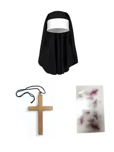 Gothic Style Modern Religious Horror Cosplay Set, Nun Hat Cross Necklace Scar Tattoo Stickers, Stage Performance New Year Party