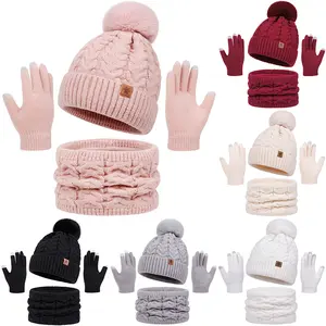 [Spriboom | 3pcs Winter Set] Spriboom Women's 3pcs Winter Set - Soft Pastel/Pink/White/Burgundy Cable Beanie, Touchscreen Gloves & Convertible Collar Scarf - Machine Washable Cold Weather (Ear) - Christmas, Winter Clothes For Women, Winter Hats For Women