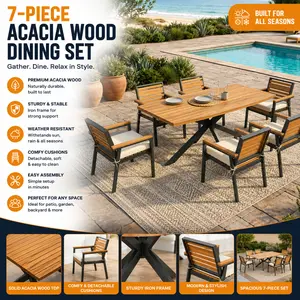 Modern 7 Piece Outdoor Dining Set Patio Furniture Set Acacia Wood Table and 6 Chairs by Christopher Knight Home Beige Detachable Cushions Heavy Duty Iron Frame Indoor Outdoor Garden Furniture Backyard Decor Patio Seating Area