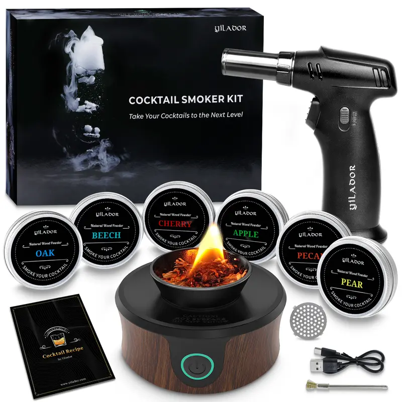 Yilador Electric Cocktail Smoker Kit, Drink Cocktail Kit for Old Fashioned Bourbon Whiskey etc., 6 Flavours Wood Chips, Bar Sets & Bar Utensils (Without Butane)