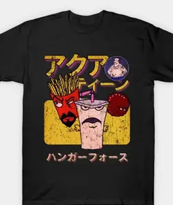 Aqua Teen Hunger Force Japanese Parody American Retro Black T-Shirt, 100%25 Cotton, Cartoon Food Character Graphic, Unisex Casual Streetwear for Anime & Comedy Fans Cotton Printed Round Neck T-Shirt