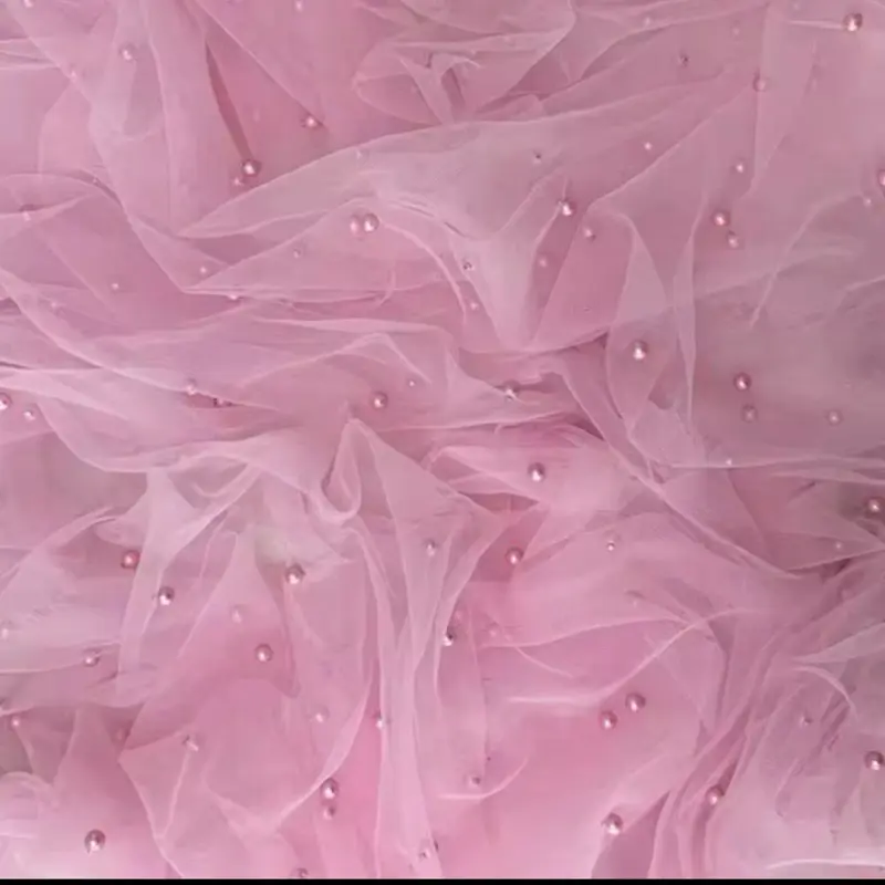 Pink Mesh Fabric with Delicate Beads for Craft Projects and Fashion Design