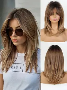 Ombre Mid-Length Straight Hair Wig with Fringe, Synthetic Wig with Bangs for Women, Heat-Resistant Natural Hair, Chic for Daily Wear, Party, Cosplay, Daily Wear Wig