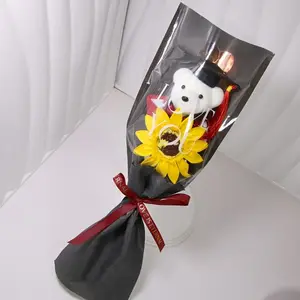 1PC Doctor Hat Bear Golden Love Wrapping Paper Bouquet Simulation Sunflower Bouquet Graduation Season Gift for Friends Classmates Girlfriends