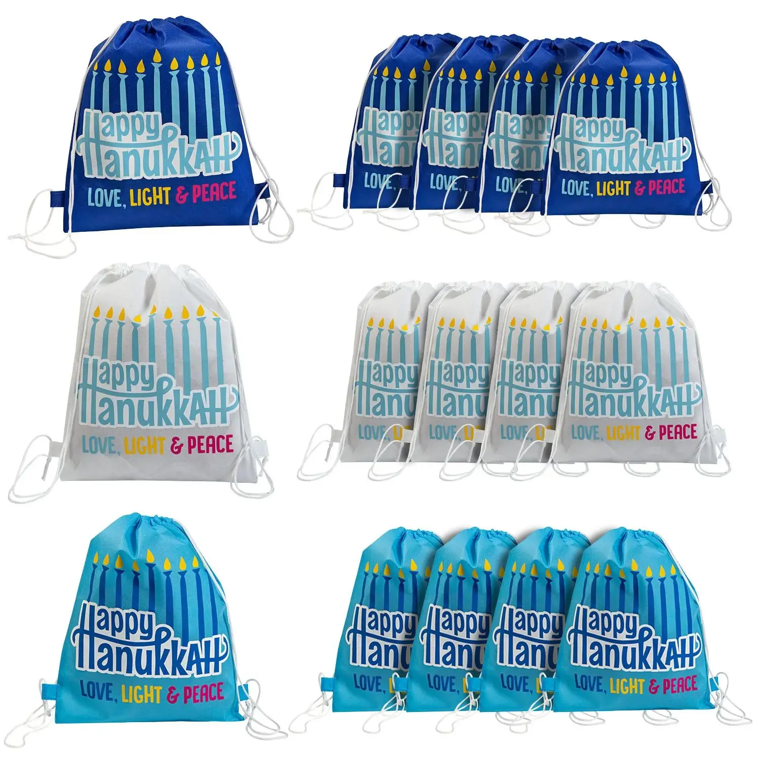 12" x 15" Medium Hanukkah Nonwoven Drawstring Bags - 12 Pc., Gifts, Goodie Bag Stuffers, Individual Bags