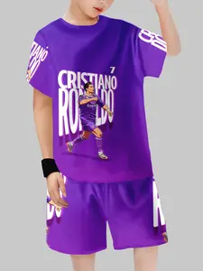 Kids CR7 Football Sports Suit - Purple Cartoon Edition Short Sleeve Tee & Shorts