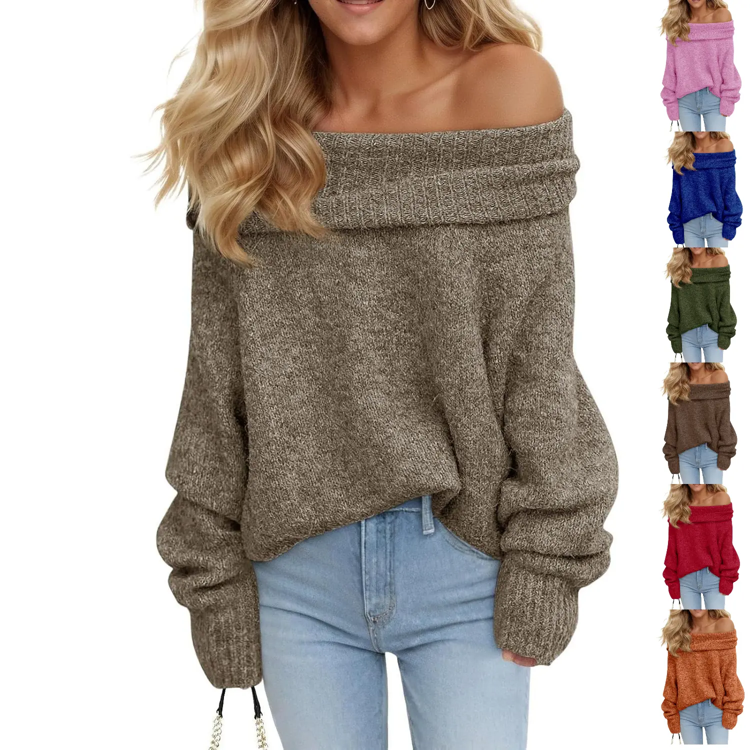Lannew Womens Off The Shoulder Sweaters Oversized Long Sleeve Loose Ribbed Knit Fall Trendy Pullover Tops