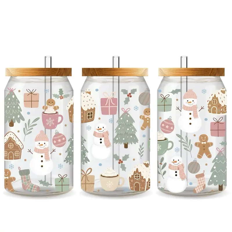 Pink Christmas Glass Cup with Festive Snowman & Gingerbread Design for Holiday Drinks
