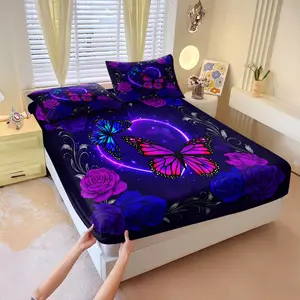 Dark Night Butterfly Print Fitted Sheet Set (3 pieces)，1 fitted sheet and 2 pillowcases，Purple and blue butterfly and rose pattern，Smooth and comfortable fabric，A must-have for a romantic bedroom or hotel room，The perfect heartwarming gift