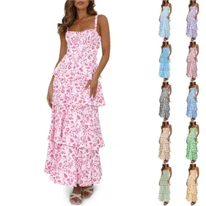 Danedvi New Womens Floral Maxi Dresses Spaghetti Strap Casual Sleeveless Ruffle Flowy Tiered Dress Comfort Fit Summer Black