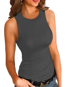 Women's Sleeveless Racerback High Neck Tank Top, Loose Fit Casual Basic Cotton Ribbed Knit Design, All-Season Everyday Wear Comfortable Style
