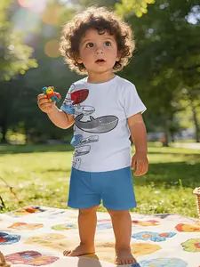 Whale Print Baby Short Sleeve Set, Casual Fitted Toddler Clothing, Perfect Gift for Infants, Daily & Outdoor Sports Tee, 100% Polyester