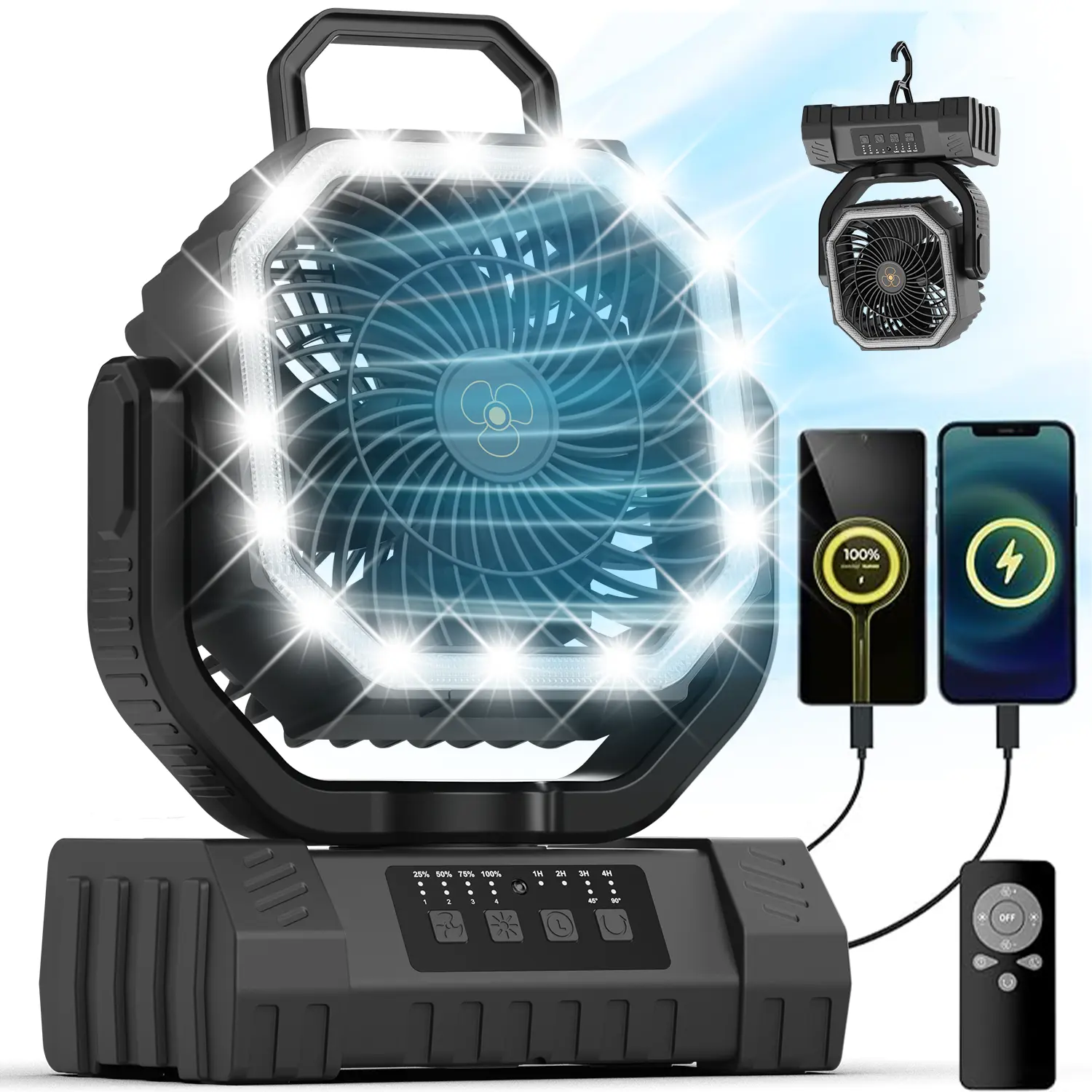 20000mAh Rechargeable Camping Fan with LED Lantern, Remote, Hook, Timer, 4-Speed Portable Oscillating Fan for Tent, Camper RV Accessories, Power Outage Emergency Portable Fans Rechargeable Cordless Camping Fan
