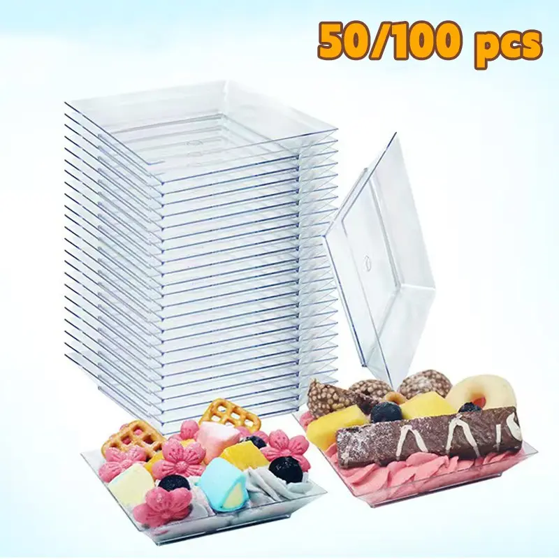 Disposable Square Food Grade Plastic Snack Plates 50/100 Count Heavy Duty Ideal For Wedding Banquet Holiday Christmas Home Catering Party Serving Ware Festival Party Tableware, Disposable Tableware Supplies