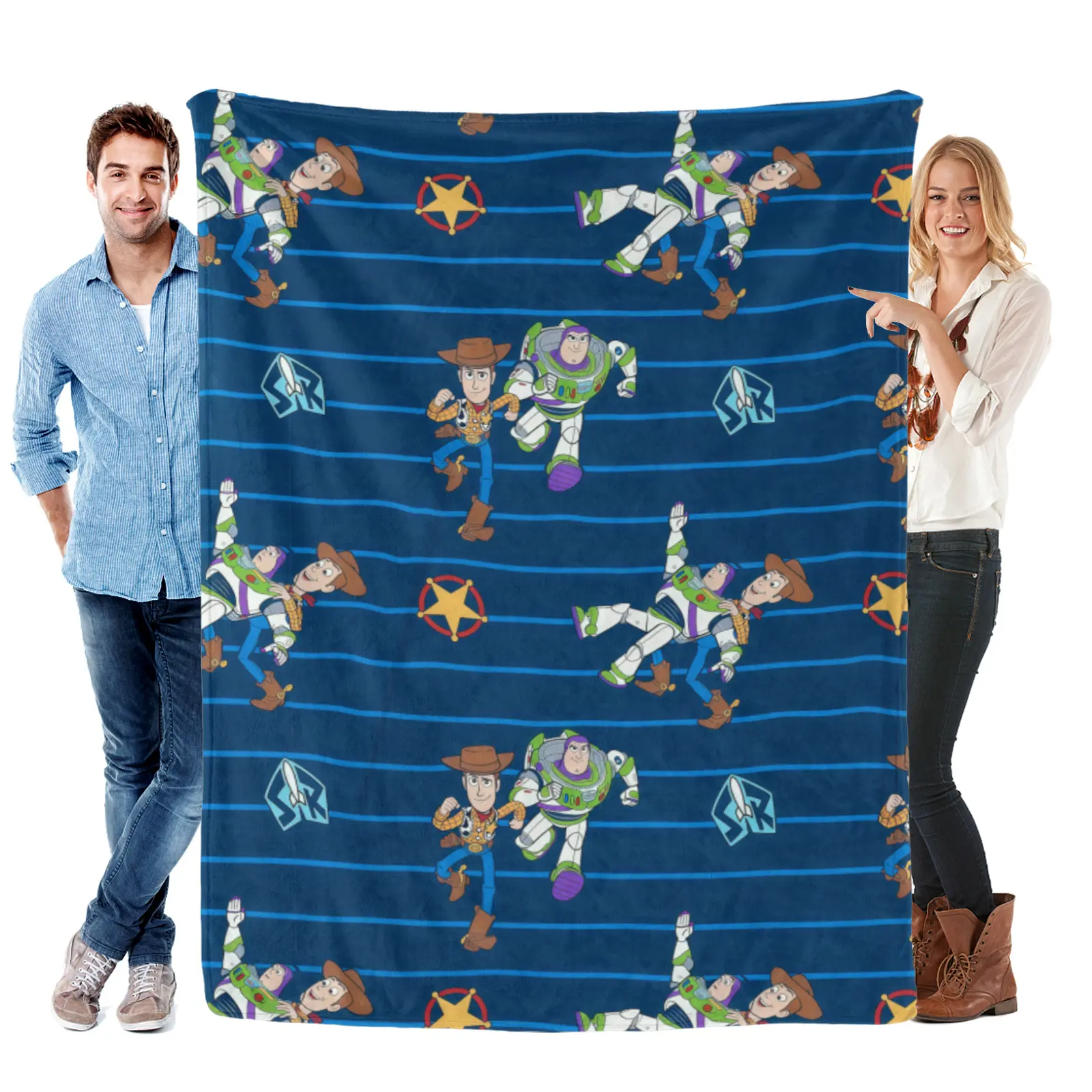 [Summervibes] Disney Navy Stripe Woody Buzz Repeat Toy Story Blanket - Soft Warm Flannel Disney Throw Blanket For Sofa Bed Dorm Couch Cover