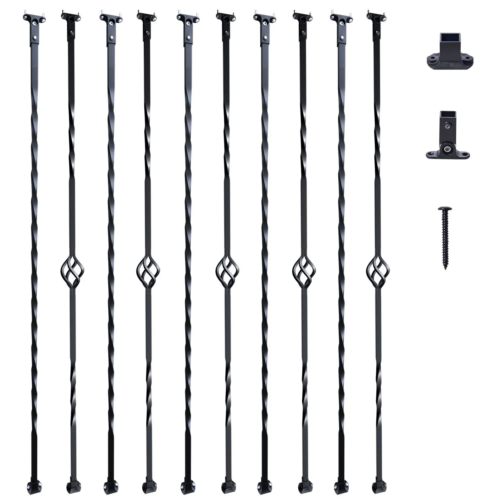 【SummerFinds】VEVOR 44-in x 0.5-in Galvanized Steel Matte Finish Decoration Staircase Balusters (10-Pack) – Hollow Single & Spiral Railing Spindles, 5 Single-Basket Balusters, 10 Angled Shoes, 40 Screws, Manual for Spindles on Stairs, 10 Flat Baluster Shoe