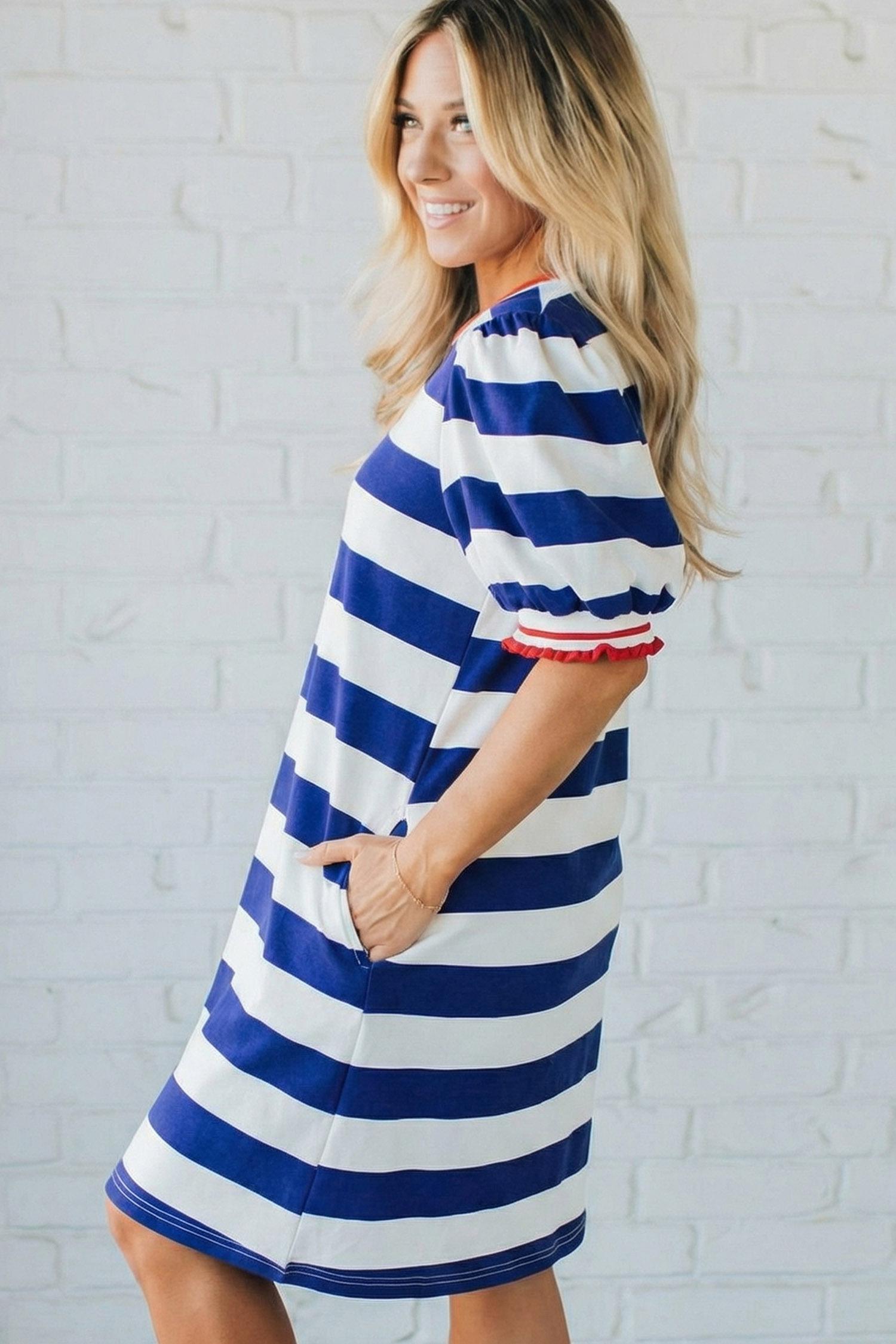 Mntaor Women's Summer Striped Shift Mini Dress - Contrast Trim, Round Neck, Puff Sleeves - Flowy, Comfortable, Y2K Aesthetic - Ideal for Office Casual, Weekend Outings - Pair with Wedges or Boots
