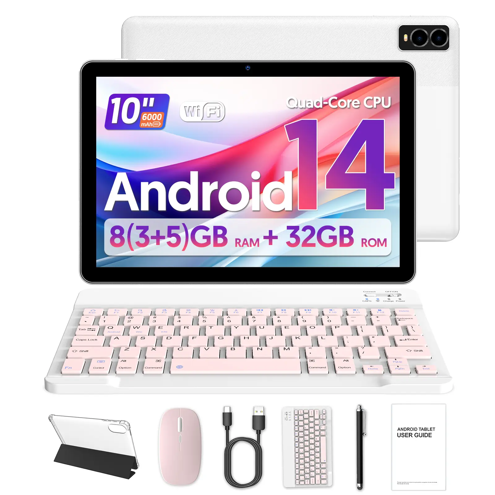 2026 [5-in-1] 10-inch Android 14-in-1 2-in-1 Tablet PC - 3+5GB RAM, 32GB internal storage, octa-core processor, 6000mAh battery, keyboard, mouse, protective case, stylus, dual cameras (multiple color combinations available)