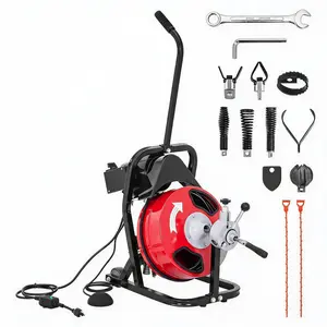 Professional 250W Electric Drain Cleaner Machine - 50FT 1/2" Sewer Snake Auger with Auto-Feed, Air-Activated Foot Switch, 4 Cutter Heads, Semi-Enclosed Drum for 2"-4" Pipes - Plumbing Pipe Cleaning Tool