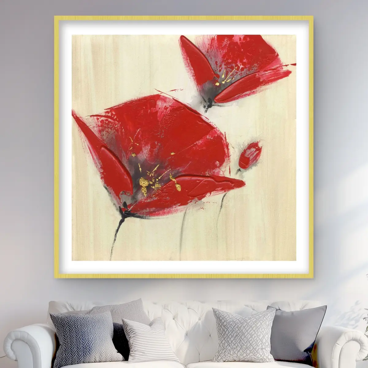 212 MAIN 48x48 in. Framed Botanical Artwork Print - Floral Aesthetic Pattern Wall Decor, Bedroom Home Decor Accent with 3 Red Textured Flowers, Matte Finish, Framed Print