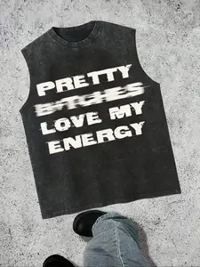 Men's Casual Loose Sleeveless Cotton T-Shirt, Letter Print Design, Summer Vacation & Daily Wear, Versatile Inner Layer or Standalone Top, Tank Tops Workout
