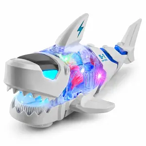 Electric Glowing Shark Toy for Kids, Wiggling Moving Shark with LED Lights, Sounds and Transparent Mechanical Gears
