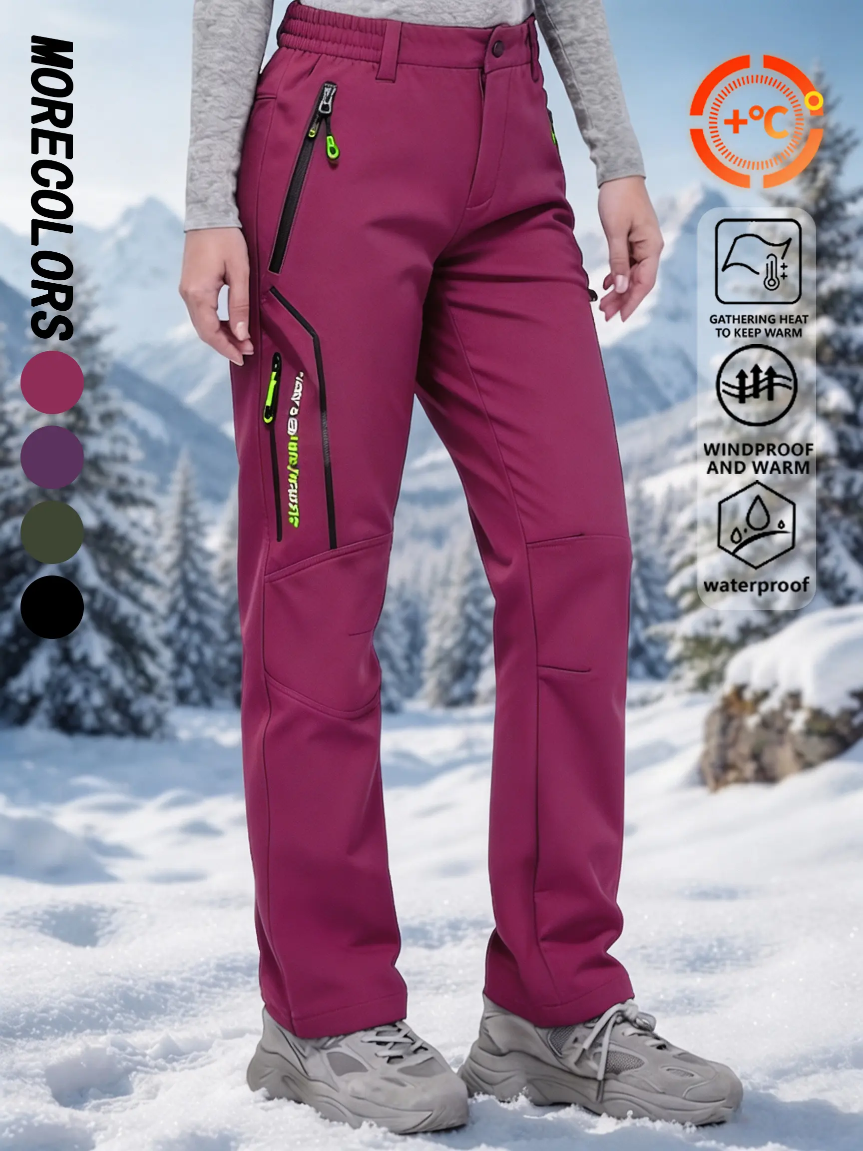 Women’s Thickened Polyester Blend Full Length Outdoor Fleece Softshell Pants - Hiking Outfits Women, Zippered Pockets, Suitable for Outdoor Activities & Workouts, Everyday Winter Wear