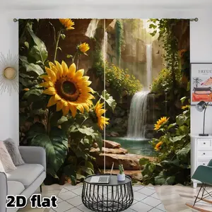 2Pcs, Window Curtain, 2D flat, sunflower waterfall curtains, natural printed sunshade curtains, landscape garden patterns, bright yellow flower pole type curtains, seasonal universal fresh style home decoration