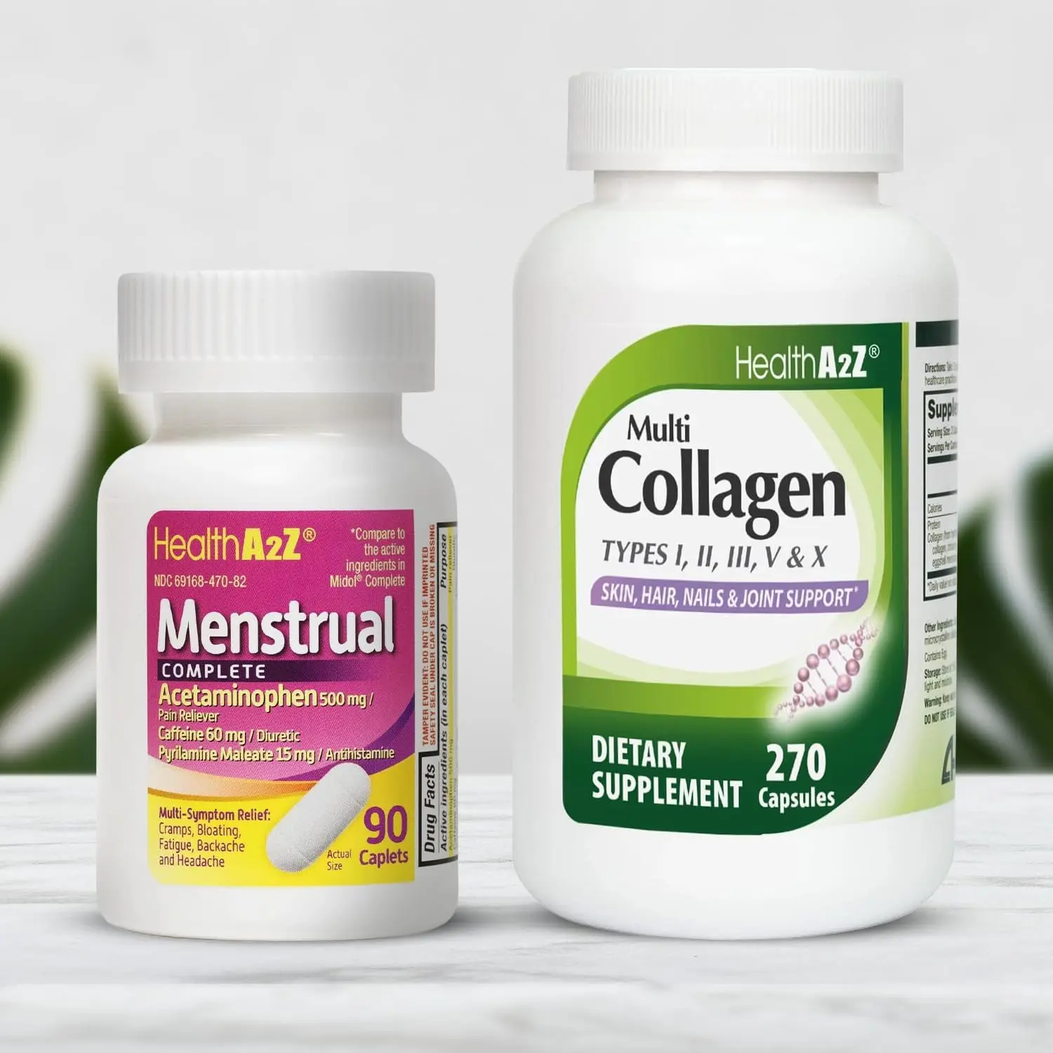 HealthA2Z Comfort and Glow Bundle - Menstrual Complete Pain Relief Tablets (90 Counts, Pack of 1) - Multi Collagen Pills (1,735 mg, 270 Capsules, Pack of 1) - Feel Your Best Throughout Your Cycle