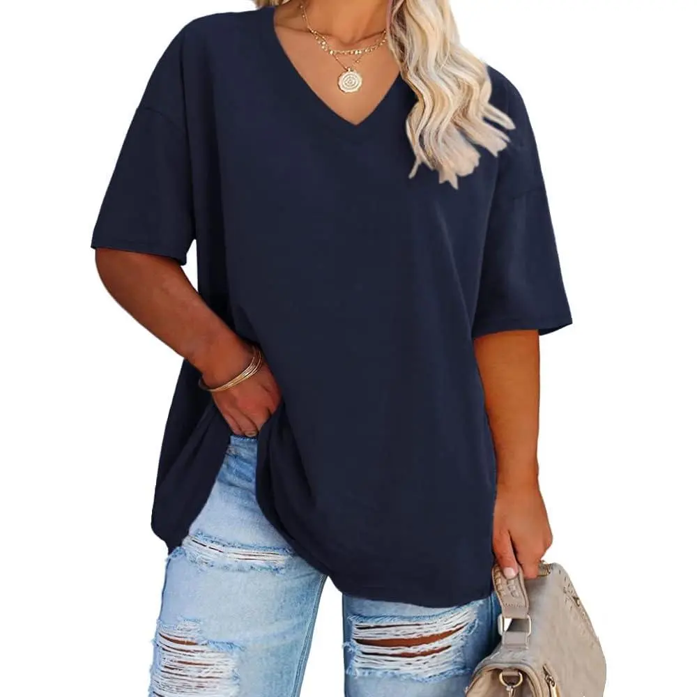 Women's Plus Size V-Neck Cotton Blend Shirts - Summer 50% Elbow-Length Sleeve Casual Loose Oversized Lightweight Comfortable Soft Clothes Tunics