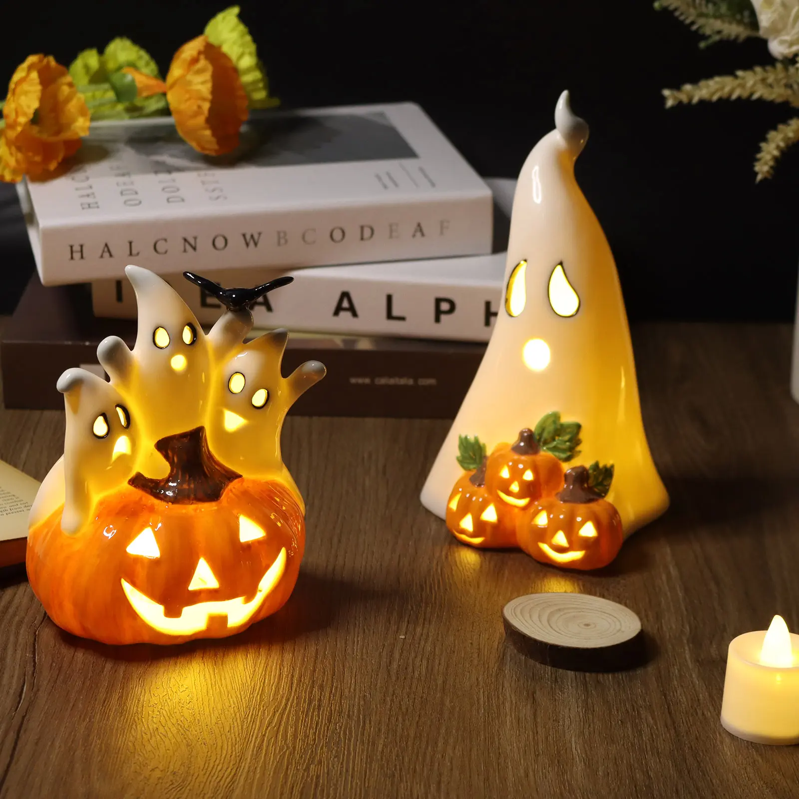 Ceramic Ghost Figurines - Cute Spooky Halloween Indoor Decorations for Mantel, Shelf Display
