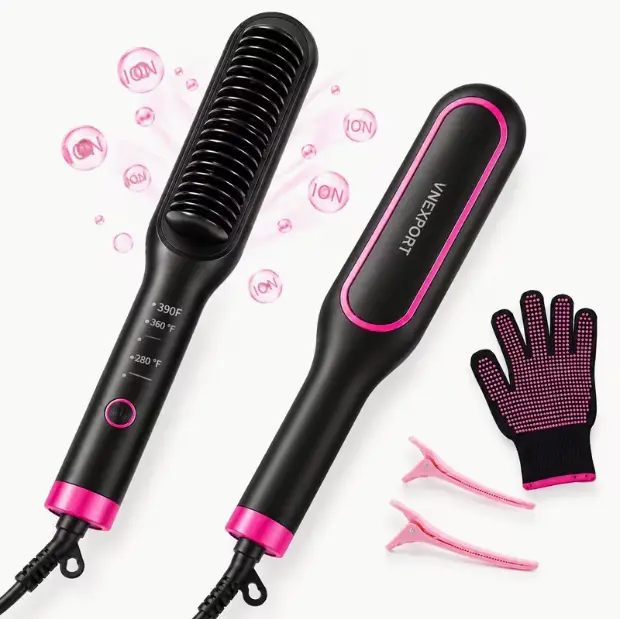 Hair Straightener Brush, Ionic Hair Straightening Brush Flat Iron For Women, Anti-Scald Straightening Comb For Home Salon, Precise Temperature Control, Auto Shuts Off, Anti-Frizz Straightener, Reduce Hair Damage Black