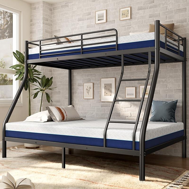 Bunk Beds Twin Over Full Size, More Sturdy Heavy Duty Metal Bunk Bed with Angled Ladder for Teens and Adults, Used for Spaces-Saving, Apartment or Dorm, Noise Free & Easy Assembly, Black