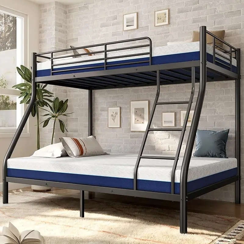 Bunk Beds Twin Over Full Size, More Sturdy Heavy Duty Metal Bunk Bed with Angled Ladder for Teens and Adults, Used for Spaces-Saving, Apartment or Dorm, Noise Free & Easy Assembly, Black