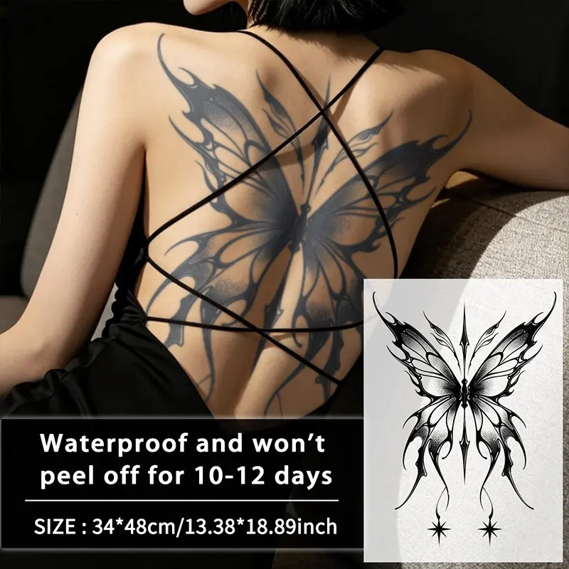 Gothic Butterfly Flame Tattoo Patch, Waterproof Long-Lasting 7-15 Days, Semi-Permanent Herbal Tattoo, Unisex Temporary Tattoo for Arms, Legs, Back