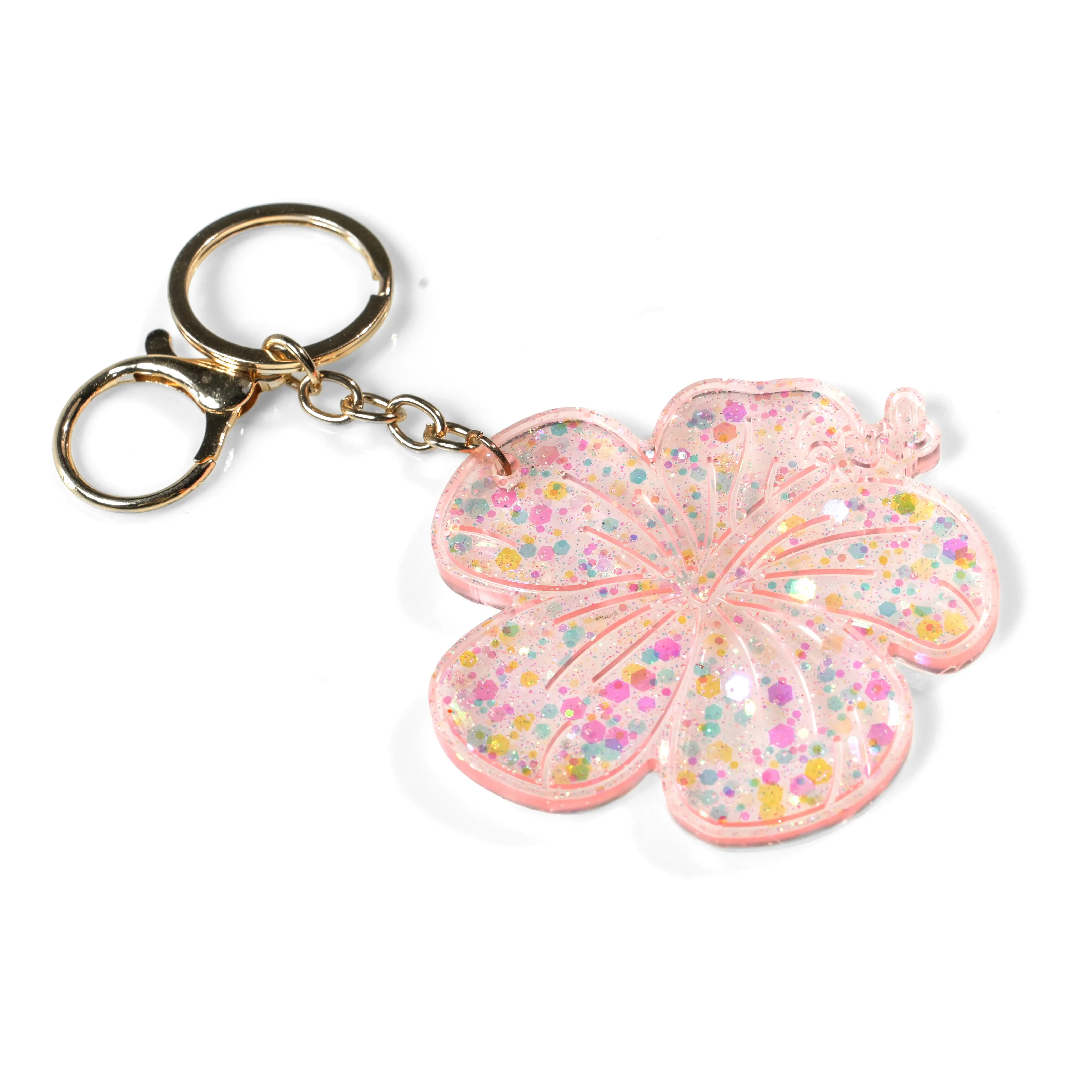 Glitter Resin Hibiscus Bag Charm Keychain - Handmade Sparkly Floral Accessory for Keys, Bags, & Purses, Gold Lobster Clasp