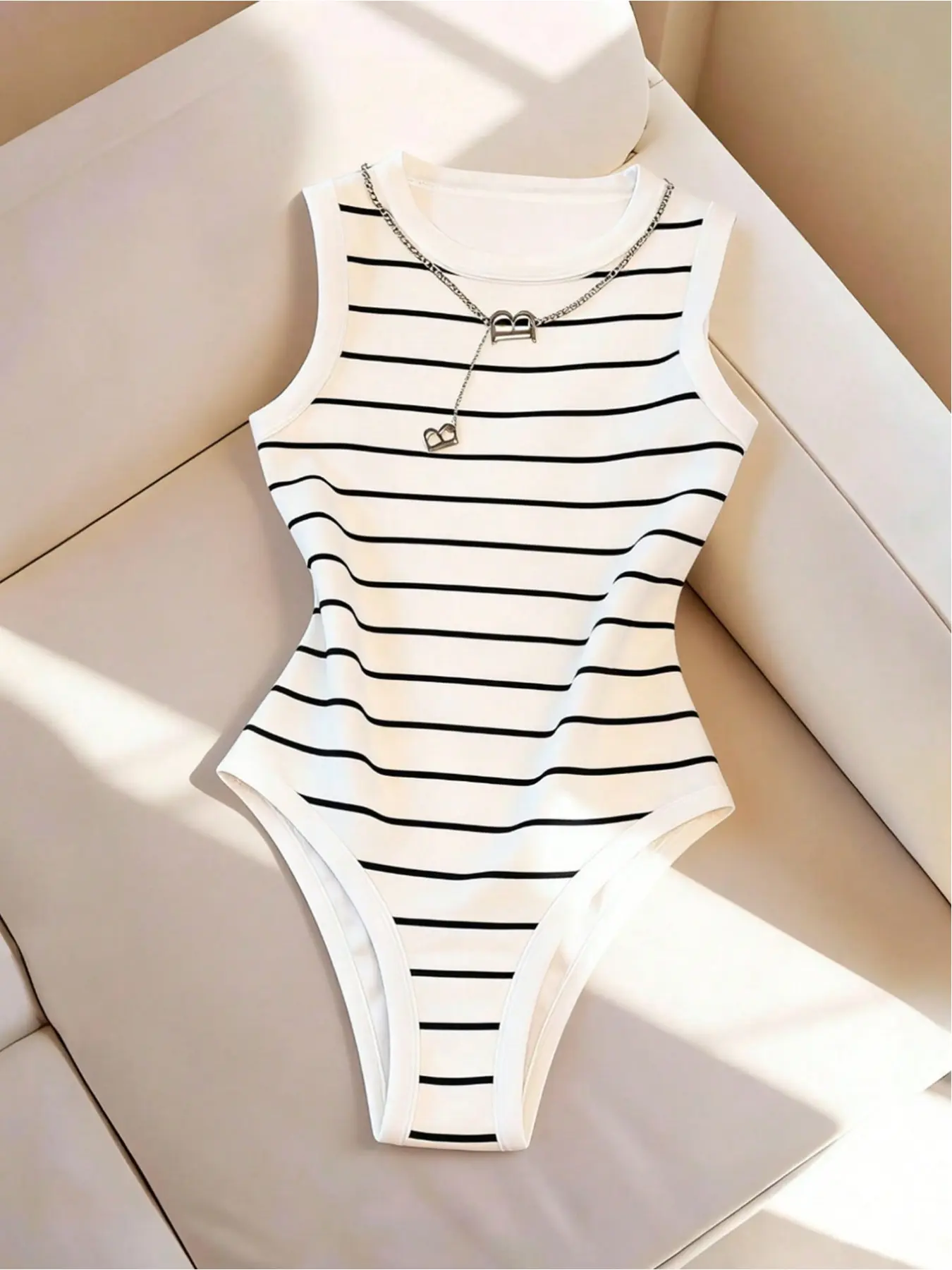 Women's one-piece garment, spring and summer women's striped vest one-piece garment, women's spring and summer one-piece garment, round neck camisole one-piece garment, knitted slim-fit one-piece garment, striped one-piece garment, Bodysuits