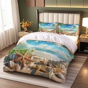 Tropical Beach Duvet Set, Palm Leaf & Gold Sand Shell Design, Ultra Soft Breathable Bedding, High-Definition Digital Print, Bedroom Use, Soft Bedding Sets