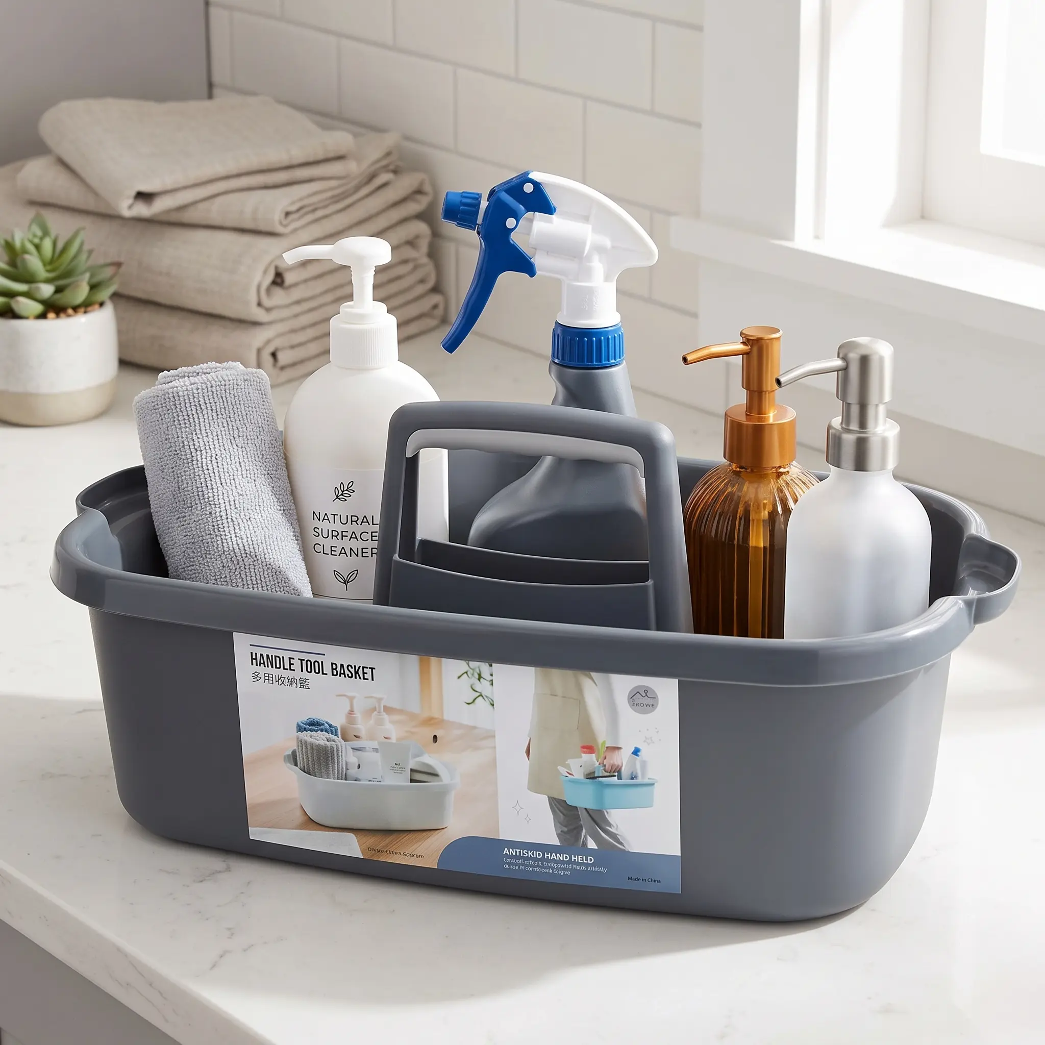 Large Cleaning Supplies Caddy Portable Storage Basket with Handle for Home Organization