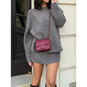 Women’s Fuzzy Knit Two Piece Set – Oversized Sweater + Mini Skirt Matching Outfit, Soft Fluffy Knitwear Lounge & Street Style