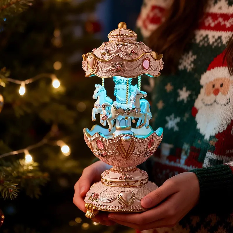 Dreamy Princess Rotating Horse Carousel Music Box with Lights, Resin Craftsmanship, Perfect Birthday Gift, Unique Decorative Item