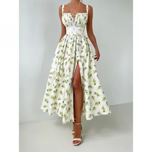2026 Summer Floral Print Party Dress With Low Neck Tie Front High Waist Split Design For Women Trendy Sweet Casual Dress For Beach Vacation Wedding Guest Outfit