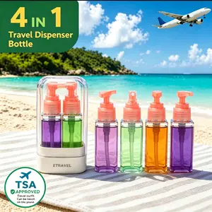 4-in-1 Travel Dispenser Bottle for Toiletries Portable Cosmetic Shampoo Lotion Compact Plastic Container Easy Press Smooth Flow Airplane Carry-on Approved
