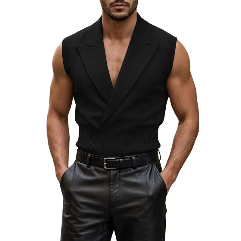 INCERUN Men's Formal Yet Edgy Fitted Sleeveless Knit Blazer Vest - Blazer Lapel, Tailored Rib Texture, Stretchy Fabric, Sleeveless Freedom for Wedding, Party, Club VIP Lounges