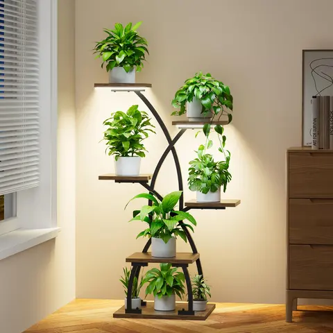 6-Tiered Plant Stand with Grow Lights Indoor Plant Shelves for Patio, Balcony, Home Decor, 36" Metal Curved Flower Holder Display Rack with Adjustable Lighting
