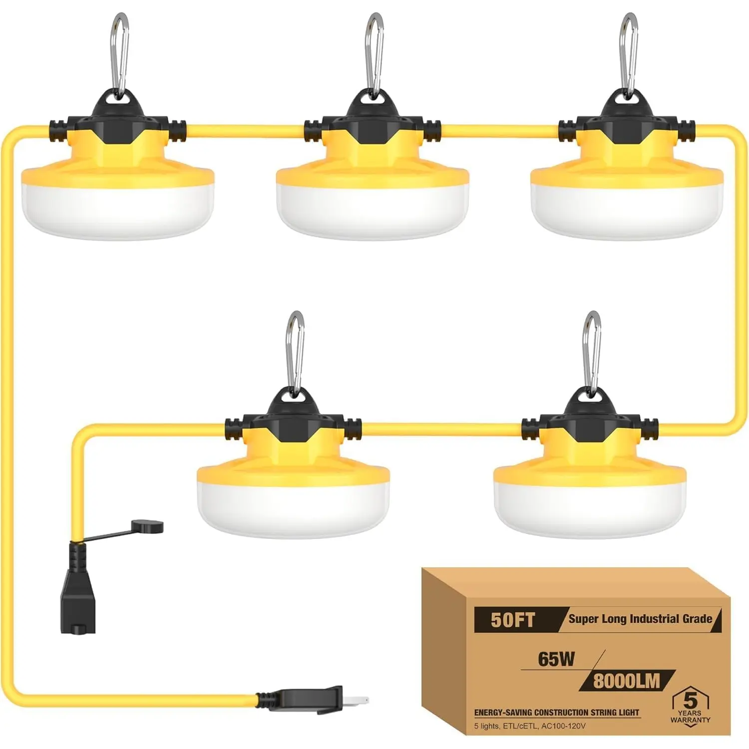 50FT 8000LM Construction String Lights, 65W Industrial String Work Lights, IP65 Waterproof Super Bright for Construction Sites Temporary Work Jobsites Outdoor Lighting