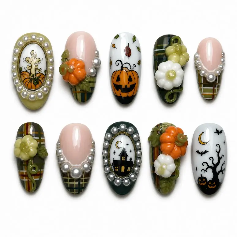 Handmade Autumn Halloween Pumpkin Press On Nails | 3D Pumpkin Plaid Pearl Floral Gothic Nail Art Set | Reusable Glossy Fake Nails with Glue Tabs | Cute Fall Almond Press On Nails for Women